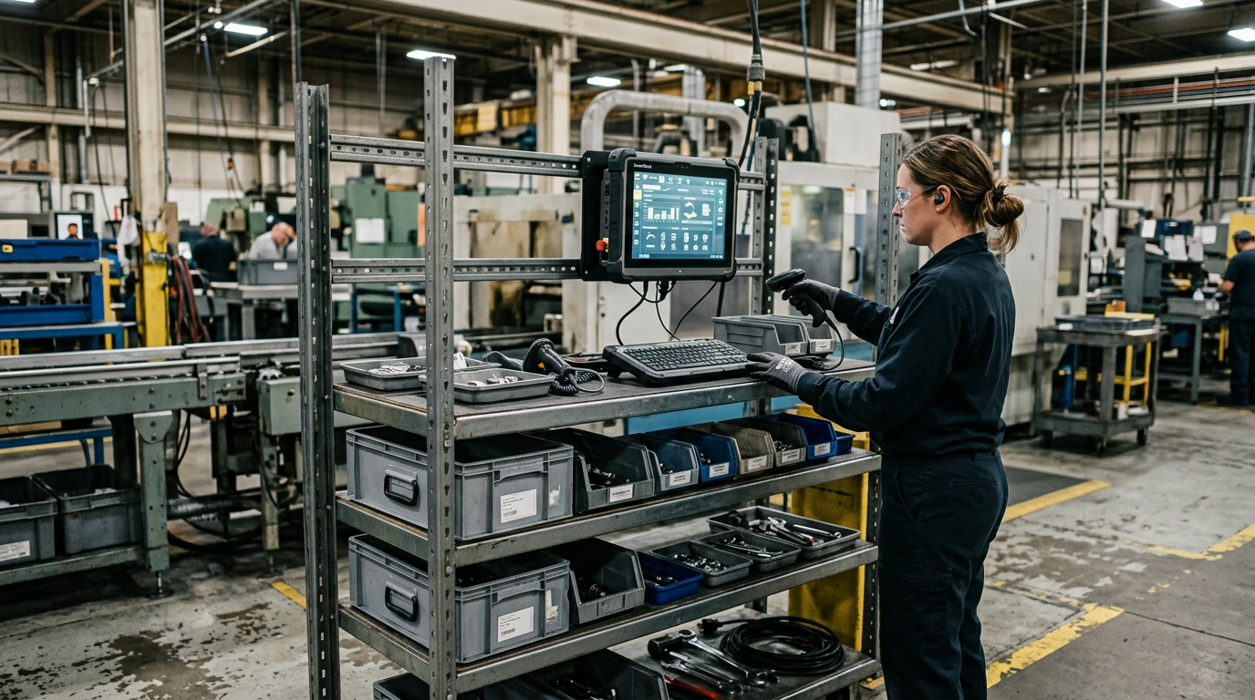 Line-side changeover station scene with SmartRack on a metal rack