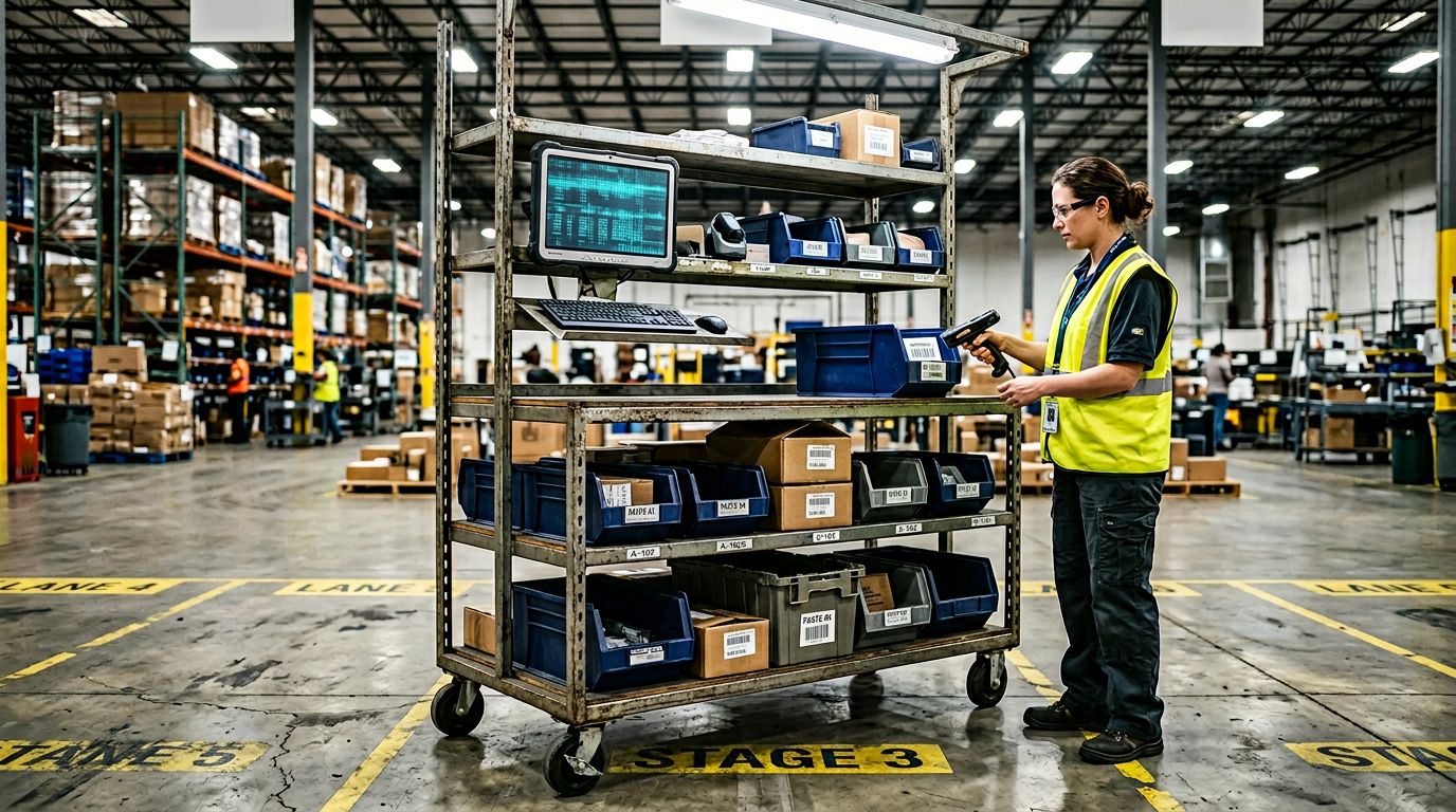 Warehouse staging use case scene with SmartRack on a metal rack